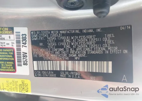 2014 Toyota Sienna Xle V6 8 Passenger from USA, damaged, VIN 5TDYK3DCXES479146